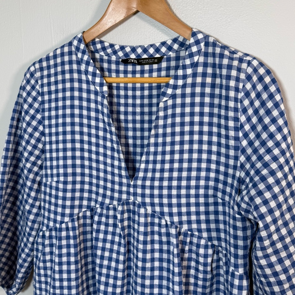 Zara Blue White Gingham Tiered Dress Women’s Medium Cottagecore Puff Sleeve